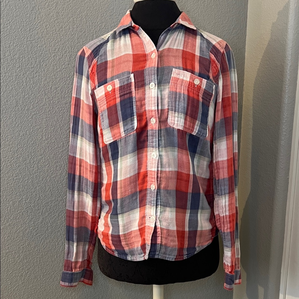 Eddie Bauer Red, Blue, and White Plaid Flannel Shirt 100% Cotton Size Small
